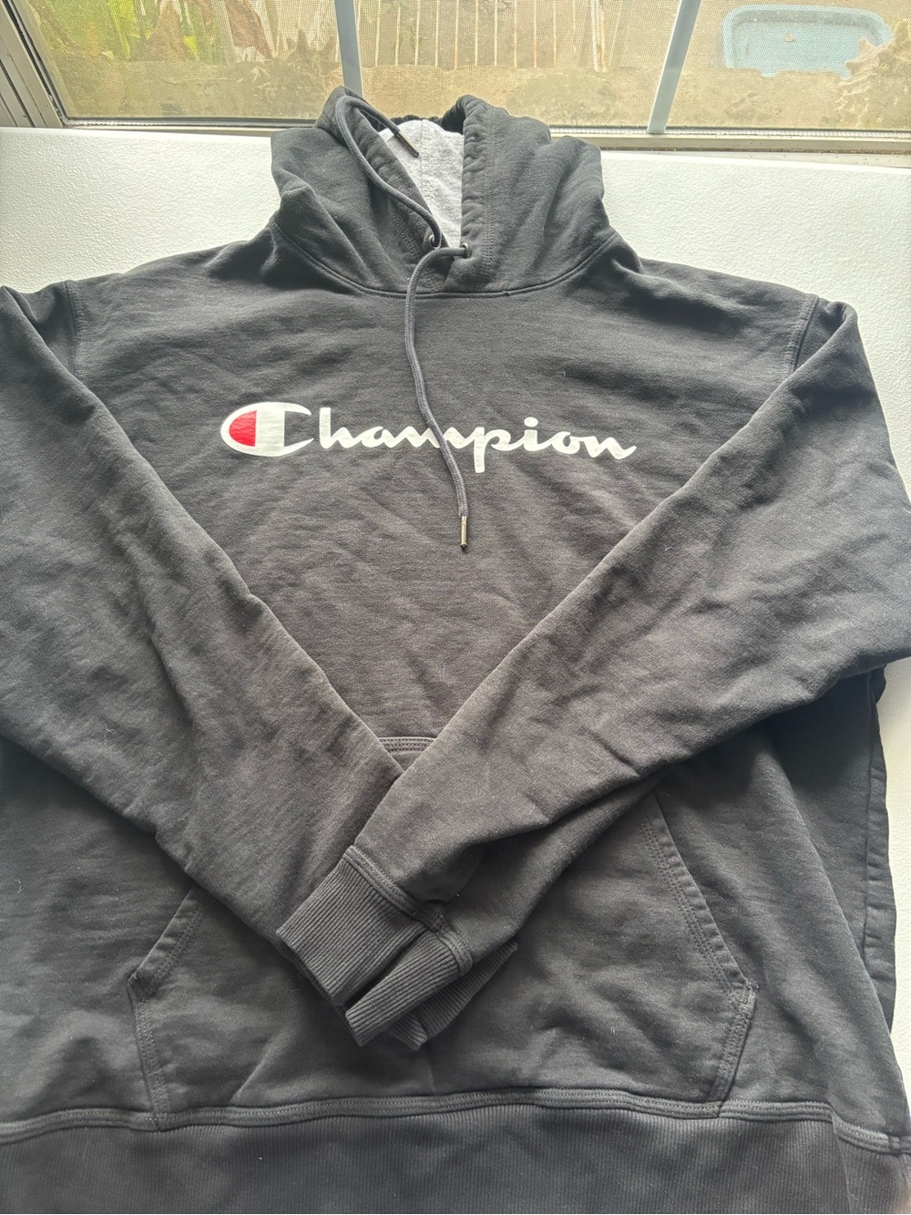 Champion Men's Charcoal Gray Crewneck Hoodie with White & Red Logo